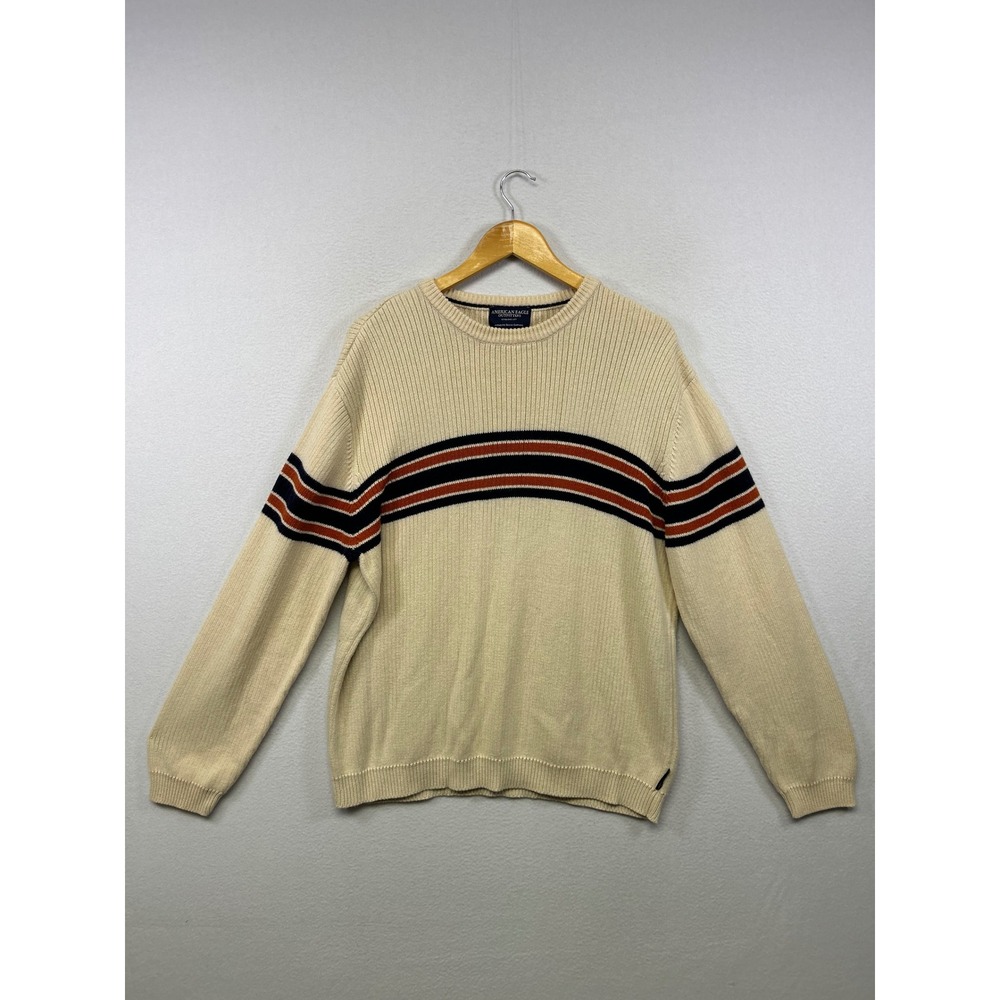 American Eagle Retro Striped Y2K Mens XL Cream Ribbed Crewneck Sweater